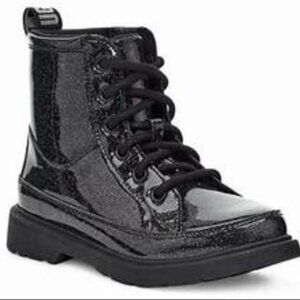 UGG Girls Size 4 Black Robley Glitter Boots Side Zip Lace Shiny EUC